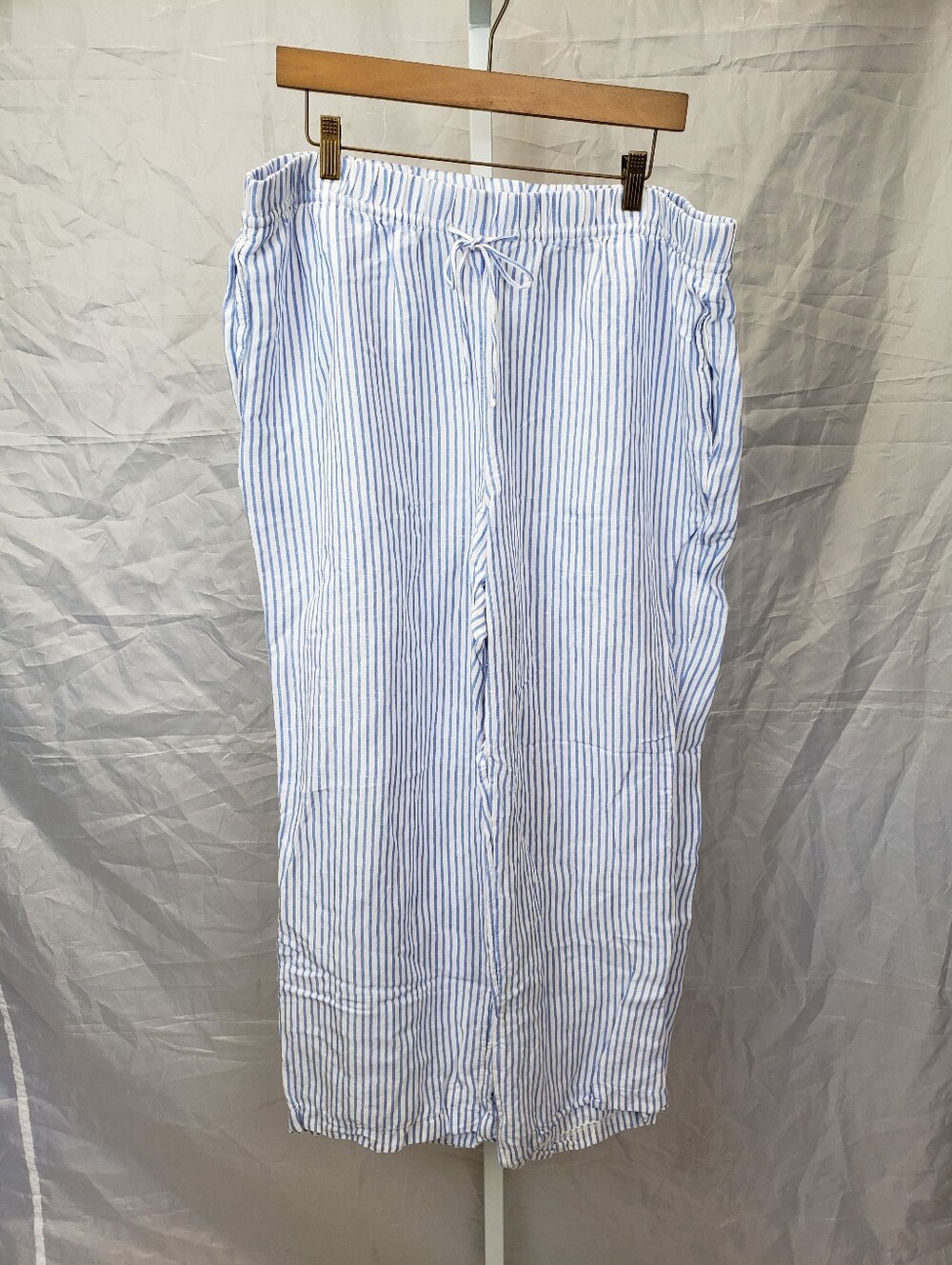 H&M Blue White Vertical Striped Linen Blend Drawstring Wide Leg Pants Size XL